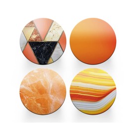 4 x Round Art Deco Coasters - Orange Agate Marble Effect Set Theme Women House Warming Circle Drinks Kitchen Decoration Décor Gift #80174