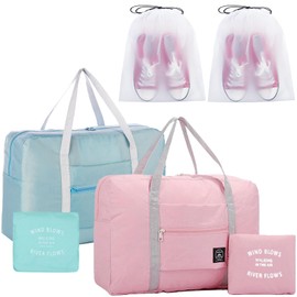 2PCS Travel Duffle Bag Tote Carry on Bag Nylon Lightweight Foldable Travel Bag Water Resistant Sports Gym Duffle Weekender Overnight Bag (Pink+Green+2Pe bag)