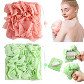 2 Pcs Bath Sponge with Drawstring,That Holds Bar Soap,for Cleansing and Smooth Skin,2 in 1 Loofah Washcloth Combo Soap Bar Loofah(Pink,Green)