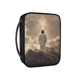 Cadowhimsy Vintage Jesus Cross Print Bible Covers with Handle PU Leather Bible Case with Zipper Pocket Church Bible Bag Book Cover Scripture Protector with Zipper Pocket for Prayer