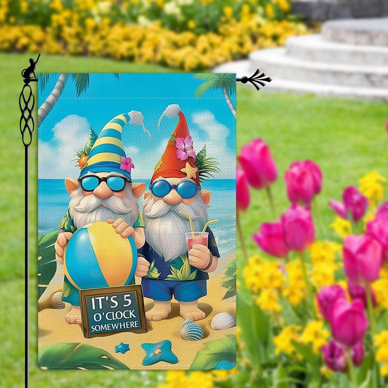 It's 5 O'clock Somewhere Garden Flag Funny Gnome Garden Flag