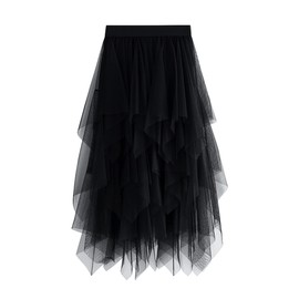 Women Ballet Dress A-line Irregular Mid Length High Waist Tulle Skirt Solid Color Elegant Elastic Waist Princess Ballet Dress, A-black