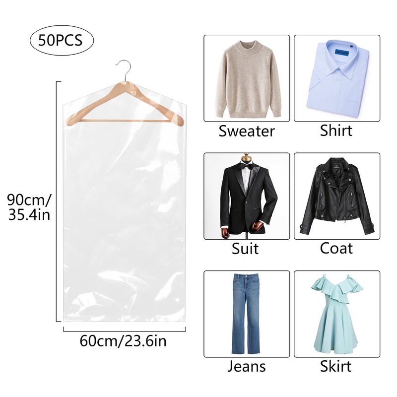 50 Pack Plastic Clothes Covers Protector Bags 23.6× 35.4 inches