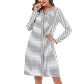 Marvmys Women's Cotton Nightdress with Full-Length Button Placket Striped Long Sleeves Night Dress Sleep Shirt Sleepwear Maternity Nursing Nightdress, Light grey long sleeves