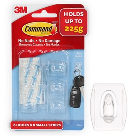 Command Decorating Hooks - Mini - Transparent - Multi pack of 6 Hooks and 8 Strips for Indoor Use - Suitable for hanging items up to 225g - Great for Decorations and Light Weight Items