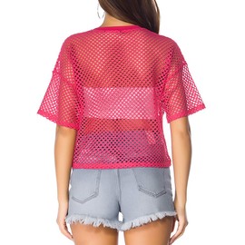 CLOZOZ Women's Mesh Cover Up See Through Fishnet T-Shirt Crop Top (XX-Large, Rose red)