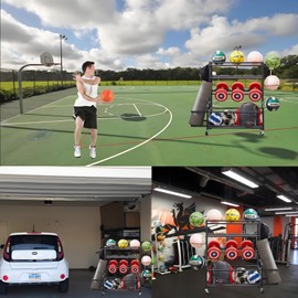 Daarcin Sports Equipment Storage Car, Garage Storage Rack, 4-Tier Story Ball Metal Storage Rack, Storage Car With Basket and Hook, Used for Yoga Mat,Storage of Various Balls and Toys