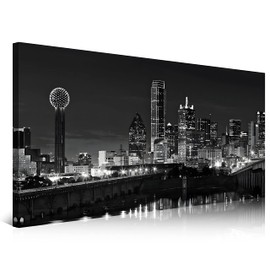 NAN Wind 1 Pcs Dallas Skyline Canvas Wall Art Black White Cityscape Night Scene Modern City Giclee Prints on Canvas Framed Urban Home Decor Skyscrapers Picture Painting for Room Decor