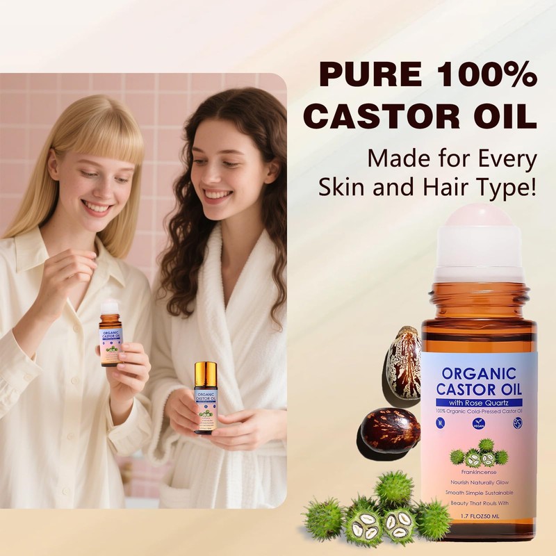 LHBMET Organic Castor Oil with Rose Quartz Roller, Cold-Pressed Pure