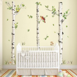decalmile Large Birch Tree Wall Decals White Tree Forest Birds Wall Stickers Bedroom Living Room Baby Nursery Wall Decor