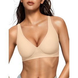 OEAK Womens Deep V Bras Wireless Comfortable Bra Supportive No Underwire Bras Tshirt Push Up Bralettes Plunge Seamless Bra Beige M