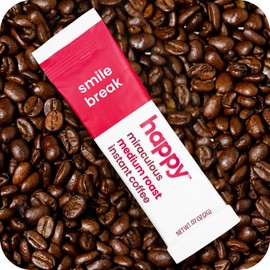 happy instant coffee, medium roast with notes of caramel and glee, 8 packets, single serve, use for hot or iced coffee, sustainably sourced