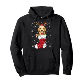 Santa Golden Retriever Puppy Dog In Socks Xmas Tree Lights Pullover Hoodie