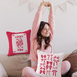 YeiHe Funky Red Coquette Bow Pillow Covers 18x18, Coquette Room Decor, Trendy Preppy Lucky You Poker Pillow Covers, Girly Bedroom Decor, Preppy Room Decor, Bow Room Decor, Coquette Stuff, Set of 2