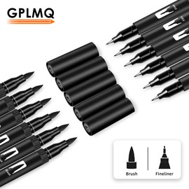 GPLMQ Black Drawing Pens, 12 Pack Felt Tip Markers for Adults and Kids, Dual Tip Brush Fineliners Pens for Art Drawing Sketching