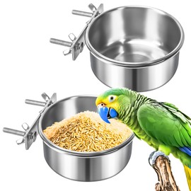 MotBach 2 Pack Bird Feeding Bowls Cups Parrot Food Water Dishes, Stainless Steel Bird Bowl Cup Dish with Clamp, Birdcage Feeder Pet Cage Bowls for Parrot Cockatiel Budgie Conure Parakeet Small Animal