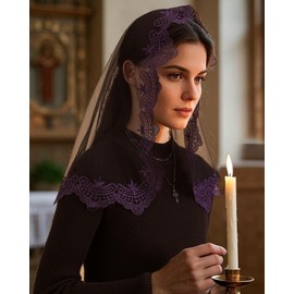 Bozidol Black Purple D-Shaped Embroidered Virgin Mary and Child Mantilla Veil for Women Lace Chapel Head Covering for Catholic Mass Church Ceremony