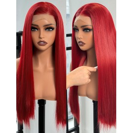 topshe Red Lace Front Wigs for Women,13x4 HD Lace Long Straight Heat Resistant Synthetic Wig with Pre Plucked Natural Hairline Cosplay or Party Use 24 Inch