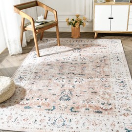 jinchan Area Rug 4x6 Persian Rug Vintage Floor Cover Foldable Thin Retro Mat Blush Pink Floral Print Distressed Carpet Non Slip Boho Chic Farmhouse Kitchen Living Room Bedroom Dining Room