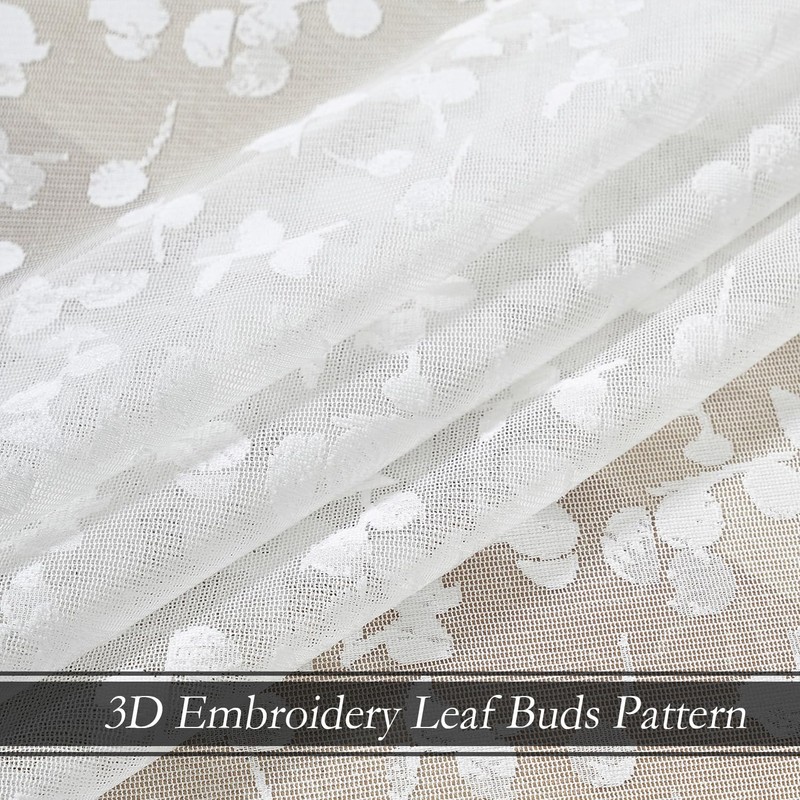 Jubilantex White Lace Sheer Curtains Embroidered Leaf Buds 95 Inches