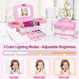 YasinKidz 60 in 1 Kids Makeup Kit, with 3-Color Led Makeup Mirror Real Washable Kids Makeup Sets for Girls 5-8, Perfect Girl Birthday Gift, Age 3+