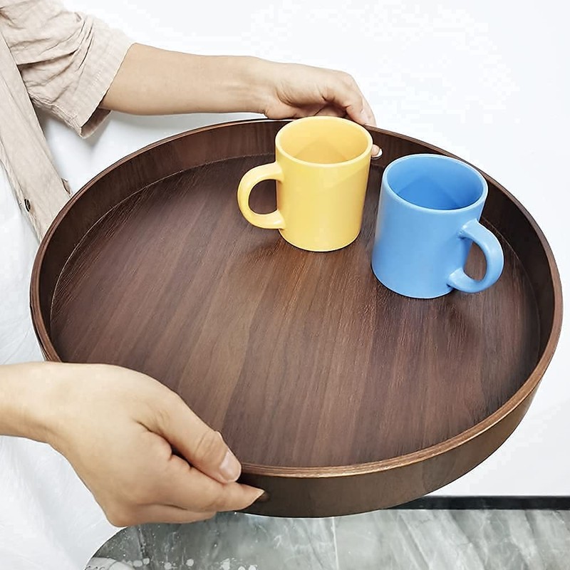i-lan 16" Large Round Wooden Serving Tray with 2" Sides,