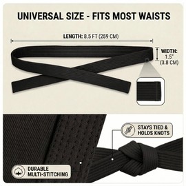 Karate Belt for Kids & Adults, Professional Martial Arts Rank Belt for Taekwondo, Judo - 1.5" Wide Multi-Stitched Durable Cotton Training Belt, Stays Tied for Training & Sparring,Black-1.5”x 8.5ft