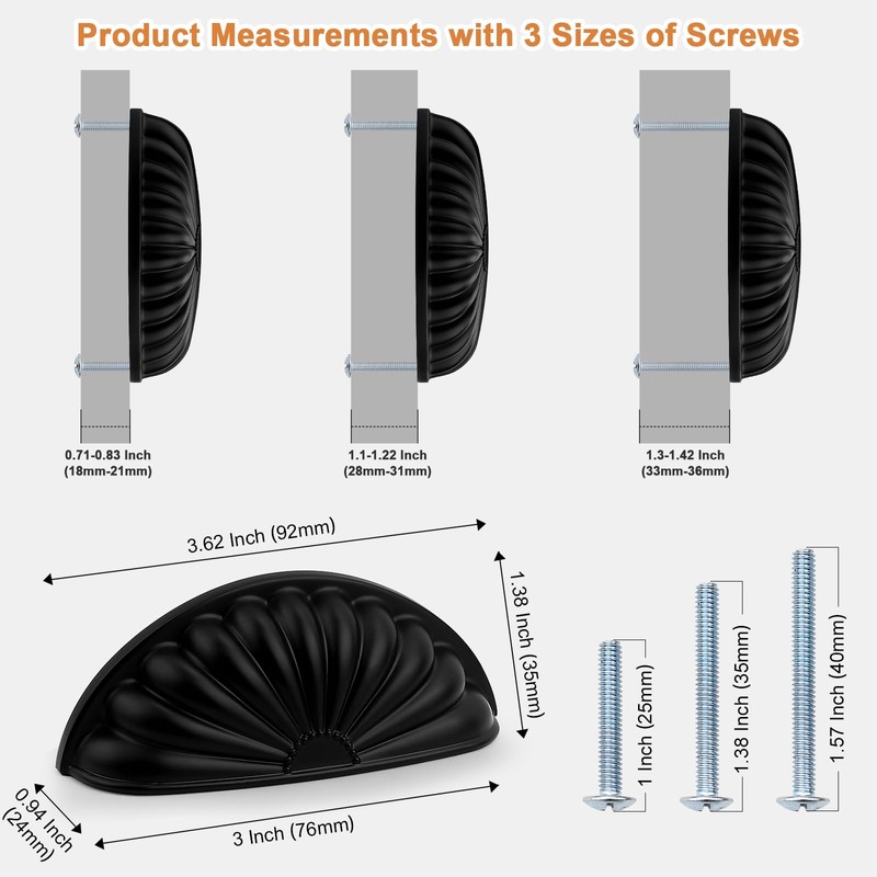 Probrico 5 Pack Matte Black Cabinet Cup Pulls,3 Inch(76mm) Hole