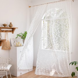 Lace White Sheer Curtains for Bedroom 95 inch Long Country Chic Rose Floral Embroidered Sheer Curtain Panels for Living-Room Leaf Window Drapes 54" w 1 Pair Rod Pocket 96 8ft