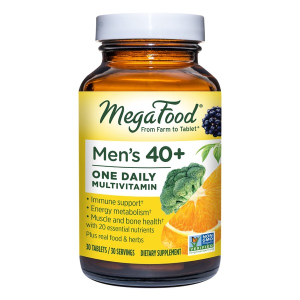 MegaFood Men's 40+ One Daily Multivitamin for Men with Vitamin B, Vitamin D3, Selenium, Zinc & Real Food - Immune Support, Energy Metabolism, and Muscle & Bone Health – Non GMO; Vegetarian - 30 Tabs