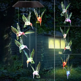 Campanillas de viento solares de colibrí que cambian de color para exteriores, regalos de colibríes para mamá, abuela, regalo de cumpleaños, campanillas de viento LED, luces solares para jardín, patio, porche, decoración de ventana
