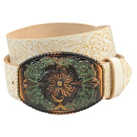 Western Fashion Style Floral Engraved Buckle Full Grain Genuine Leather Belt 1-1/2" (38mm) Wide, Multi-Style Options (White, 34)