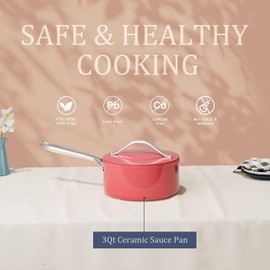 CookinCraze Nonstick Ceramic Saucepan with Lid 3 qt for Induction Cooktops - Non Toxic, PTFE/PFOA/PFAS Free, Oven & Dishwasher Safe up to 500°F – Cooking Pot with Stay-Cool Handle - Fusion Red