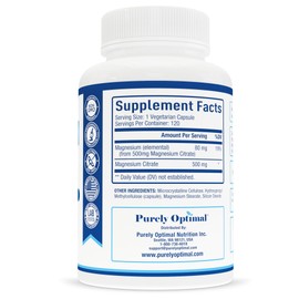 Purely Optimal Magnesium Citrate 500mg - Citrato de Magnesio, Supplement for Sleep, Heart, Nerves, Muscles - Gluten-Free, Non-GMO, 120 Capsules