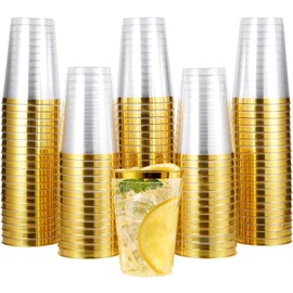 AUTOWNLUX 50 Stück Hartplastik Plastikbecher mit Gold Rand, 360ml/12oz Kunststoff Partybecher, Mehrweg Transparent Trinkbecher für Party, Hochzeiten, Geburtstag