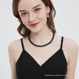 YAMI Black Pearl Necklace, Natural Saltwater Cultured Round Pearls 9.0-10.0 mm, 925 Sterling Silver Heart Clasp, Anniversary & Mother's Day Gift