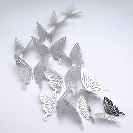 3D Butterfly Wall Stickers, CAYUDEN 24pcs 3 Sizes Silver Butterfly Decorations Wall Decor Stickers DIY Butterfly Stickers Decor for Room, Door, Window, Wedding, Party Decoration(Silver)