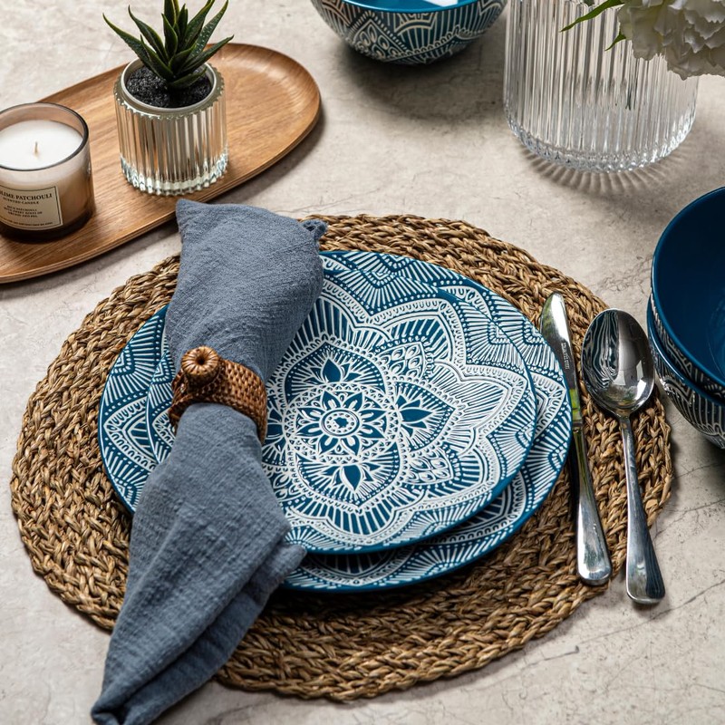 Bzyoo 12-Piece Ceramic Dinnerware Set: La La Mandala Blue Dish