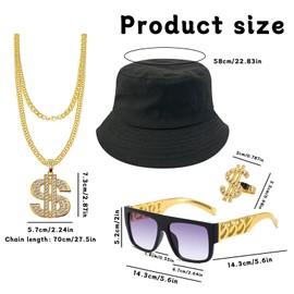 AYNKH Hip Hop Costume, 80s/90s Hip Hop Fancy Accessories, Fake Dollar Logo Necklace, Fake Dollar Logo Ring, Black Bucket Hat, Hip Hop Sunglasses, Hip Hop Party
