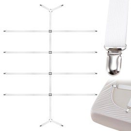 Alovez Bed Sheet Tensioner, Adjustable, Bed Sheet Tie Down Straps with 12 Metal Clips, Tensioner for Bed Sheets, Tie Down Straps for Fitted Sheets and Toppers (White)