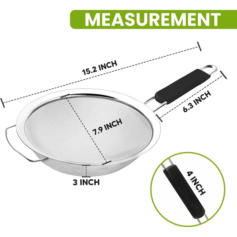 8" Large Fine Mesh Strainer with thermo plastic rubber handle