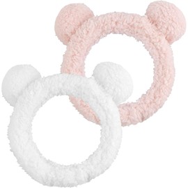 2PCS Bear Ears Spa Headband No Slip Head Band for Face Wash Makeup Skincare Facial Headband Elastic Hair Band Fleece Headbands for Women Girls (White Pink, One size)