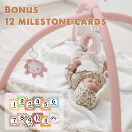 Washable Tummy Time Mat, Baby Play Gym with 6 Featured Toys, Baby Gym for Infant & Toddler, Larger Baby Play Mat, Deluxe Baby Play Mats for Floor, Sensory and Motor Skill Development, Non Slip, Pink