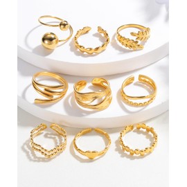 9 Piece Gold Rings Set for Women Stainless Steel 18K Real Gold Plating Adjustable Chunky Rings for Women Girls, 18K gold plated, No Gemstone