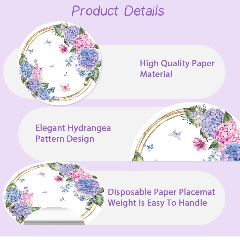 Paper Placemats Disposable 50 Pack Hydrangea Placemats 13.4 Inch Hydrangea