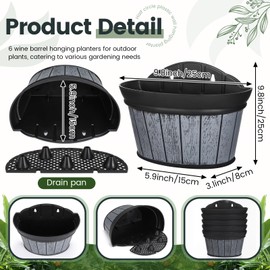 Layhit 6 Pcs Wall Hanging Planters Outdoor Pot Planter Wine Barrel Planter Distressed Oak Thickened Plastic Water Storage Flower Pots for Flower Indoor Outdoor(10 Inches,Black)