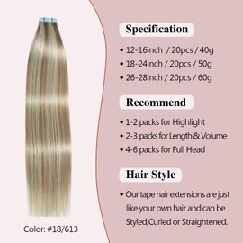 Sunya Tape Extensions Real Hair Blonde Tape-In Extensions Seamless 35 cm Hair Extensions Real Hair Invisible Straight Ash Blonde Highlight with Bleach Blonde Tape Hair #P18/613 40 g 20 Pieces