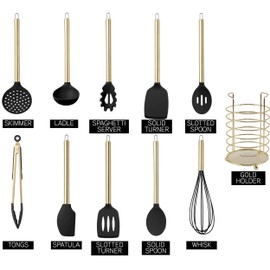 COOK WITH COLOR Silicone Cooking Utensils, Kitchen Utensil Set, Easy to Clean Silicone Kitchen Utensils, Cooking Utensils for Nonstick Cookware, Kitchen Gadgets Set with Holder, 10 Pieces