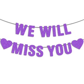 JunyRuny Pre-Strung We Will Miss You Purple Glitter Banner, Graduation Retirement Going Away Party Decorations, Farewell Gifts for Coworkers, Goodbye, Army, Good Luck Supplies Decor