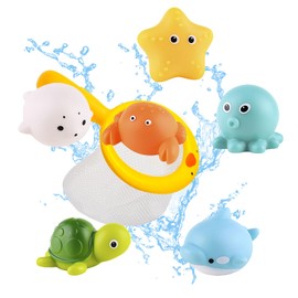 KATIMI Pack of 7 Bath Toys Baby from 1 2 3 4 Years, Bath Toy with Fishing Net, Water Toy Children, Mould-Free Bathtub Pool Toy for Boys and Girls